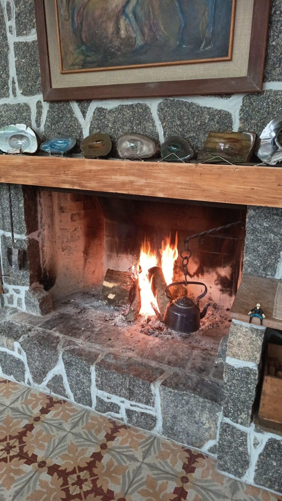 Piedras y minerales de colección junto al hogar a leña de CasaGrande